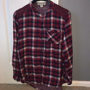 Navy red and white patterned button down top